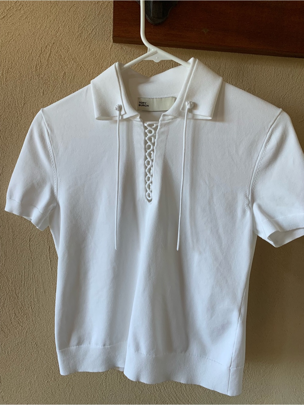 Tory Burch White Knit Lace-Up Polo Shirt with Tie Front